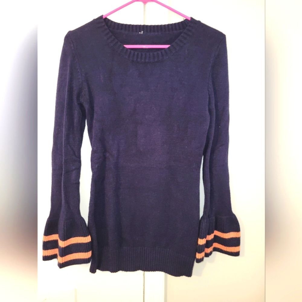 SHEIN Navy Blue Knit Sweater Womens Bell Sleeve Flared Cuff Top